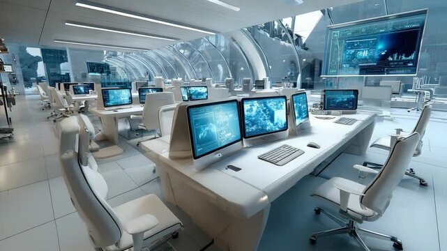 Modern Tech Hub: Futuristic office space with rows of sleek, state-of-the-art computer workstations, bathed in a cool, minimalist aesthetic. It speaks to innovation, collaboration.