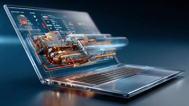 Technological Blueprint: A laptop's screen becomes a window into its core, revealing intricate internal components and illuminating the power of modern technology.