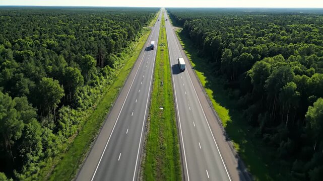 High angle view of semitrucks driving on a multilane highway surrounded by dense green forest under clear sky 4k video