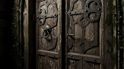 Ornate Antique Wooden Door with Iron Hardware and Vines