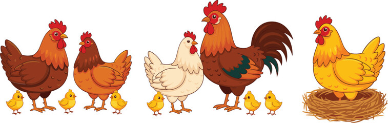 Cartoon Farm Chicken Family Set with Rooster, Hens, Chicks and Nest Colorful Flat Vector Illustration