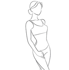 Minimalist line art illustration of a woman in a tank top and leggings, elegant fashion pose, modern feminine outline drawing on white background