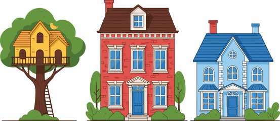 Cartoon House Collection with Treehouse and Colorful Residential Homes Architecture Flat Vector Illustration Isolated on White