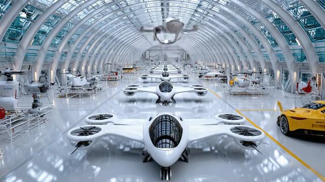 Future of Flight: A futuristic aviation hangar showcasing an array of innovative flying vehicles, embodying the evolution of aerial transportation and the dawn of a new era in flight.
