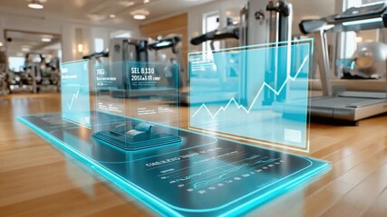 Smart Gym: A modern gym is highlighted by holographic data overlays on equipment, symbolizing health metrics and progress tracking.  - Powered by Adobe
