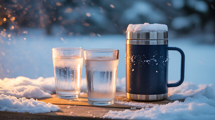 dark blue thermal mug next to two frosted glasses of cold water on a snowy wooden table outdoors with warm bokeh light and falling snow