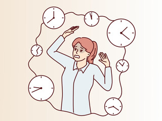 Stressed Woman Overwhelmed by Deadlines and Surrounded by Clocks