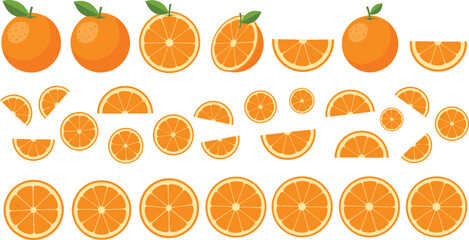 Cartoon Orange Fruit Collection with Whole Halved and Sliced Citrus Oranges Colorful Flat Vector Illustration Set