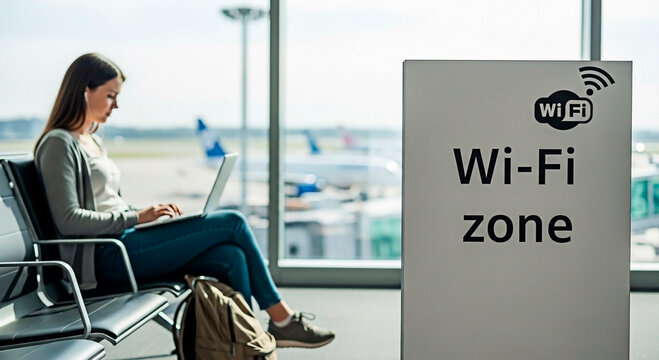 Woman using laptop in wifi zone, concept of technology and connectivity.