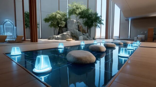 Zen Serenity: A modern interior blends natural elements, featuring a serene pool with floating lights, stones, and lush greenery, creating a peaceful and luxurious atmosphere.