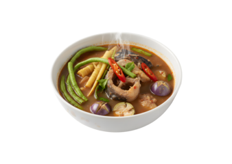 Zesty boiled catfish with bamboo shoots and yard-long beans, plus some eggplant in a bowl of fermented fish sauce soup.

