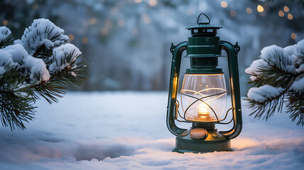 vintage green oil lantern standing in deep white snow surrounded by snow-covered pine branches with warm golden light and bokeh background