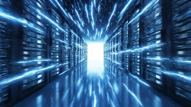 Abstract digital data tunnel with blue light streaks representing fast information transfer in a server room 4k video - Powered by Adobe