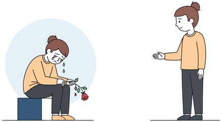 Sad woman cries over broken rose while friend offers comfort and support during emotional struggle