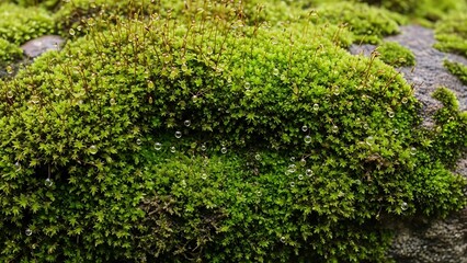 Close-Up of Bright Green Moss with Water Droplets on Forest Rock