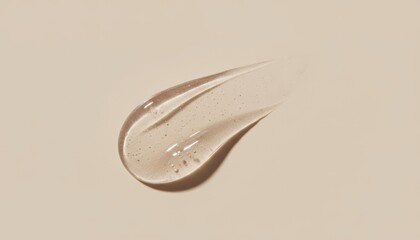Transparent cosmetic gel serum swatched on a clean beige background, glossy with tiny bubbles showcasing smooth, hydrating texture and light reflecting clarity for skincare product imagery