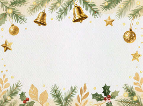 Festive Decoration: Christmas ornaments and decorations frame a plain background, creating a charming festive scene, perfect for holiday greetings and celebrations.