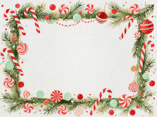 Festive Christmas Frame: An ornate Christmas border is artfully crafted with evergreen boughs, vibrant red ornaments, candy canes, and delicate string of pearls.