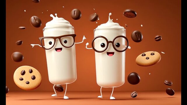 Two glasses of milk, each with eyeglasses and a happy expression, float amidst chocolate chips and cookies, set against an orange backdrop.