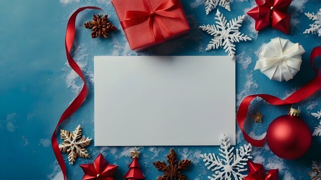 Merry Christmas and Happy Holidays greeting card, frame, banner. New Year. Noel. Red and white Christmas decorations and gifts on blue background top view. Winter xmas holiday celebration theme. - Powered by Adobe