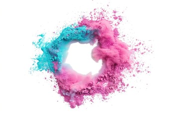 Swirling electric bright particles in pink and turquoise form an energetic and colorful explosion against a white background, showcasing movement and creativity