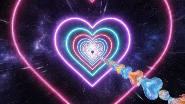 Neon heart shape tunnel in space with glowing colorful candy hearts trailing into the infinite vortex of love and romance
