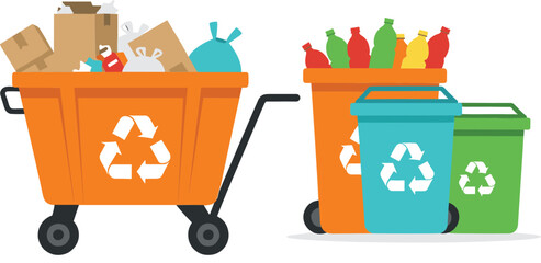 Cartoon Recycling Bins and Trash Cart with Sorted Waste Bottles and Boxes Eco Environment Flat Vector Illustration