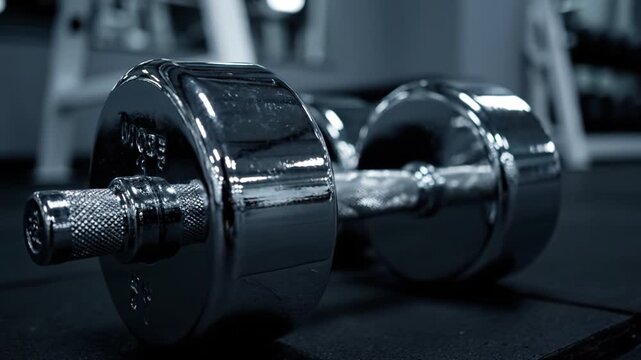 Shiny metal dumbbell on gym floor with textured grip handle and blurred fitness equipment in background, close up shot evoking strength workout motivation and fitness exercise weight equipment