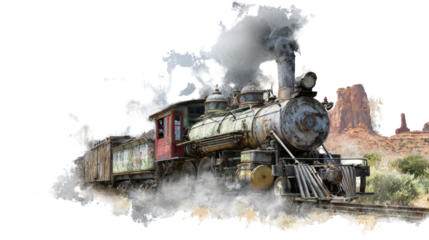 Historic steam train running on railroad track through wild west landscape with dramatic scenery and vintage transportation concept
