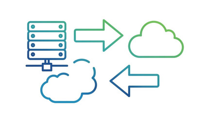 Cloud computing network diagram showing server and cloud data transfer architecture and data flow diagram concept