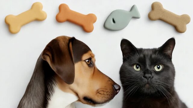 Inquisitive dog and cat observe array of colorful pet treats