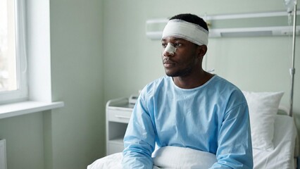 Young man with bandaged head sitting in hospital room looking thoughtful