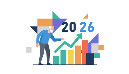 Senior man points to 2026 financial growth chart and successful business projection