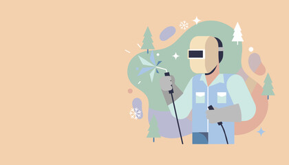 Industrial worker welding a bright holiday star element Skilled manufacturing and winter work illustration