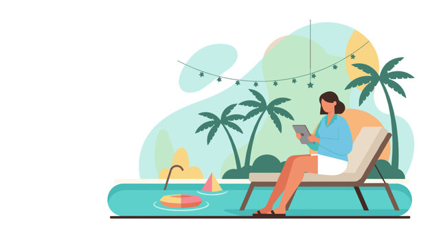Woman using a tablet on a pool lounge chair in a tropical setting Remote work or vacation lifestyle