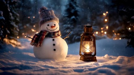 Winter holiday celebration concept. Christmas New Year. snowman with scarf and hat in snowy forest at night.