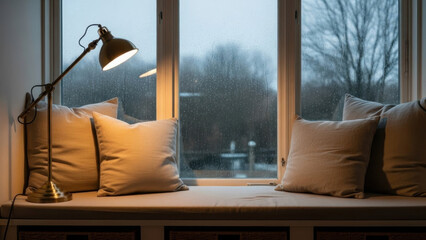 Cozy window seat with soft pillows and warm lamplight, perfect for reading or relaxation while watching a rainy day outside, isolated on transparent background.
