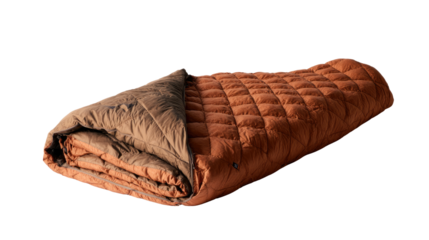 Quilted brown sleeping bag resting flat showcasing warmth and comfort for camping outdoor adventure gear isolated on white background

