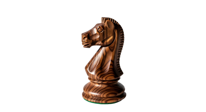 Detailed single dark wood grain chess Knight piece isolated for strategy and game concepts. isolated PNG with Transparent Background