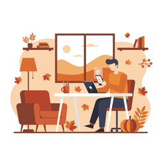 Remote work concept Man using phone and laptop at home during the autumn season