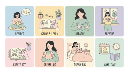 Selfcare routine icons for personal growth reflection reading journaling and making time for joy