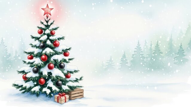 Snow covered Christmas tree with red star and ornaments