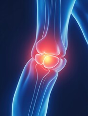 Naklejka premium Illustration of knee joint in pain with blue background and red glow at focal point on right side of body emphasizing need for treatment