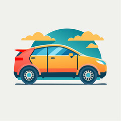 Orange and Coral SUV Crossover Vehicle with Red Spoiler Parked Outdoors Under a Cloudy Teal Sky During Daytime with Simple Geometric Design Style