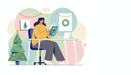 Remote worker using a tablet in a Christmas decorated home office Holiday business concept