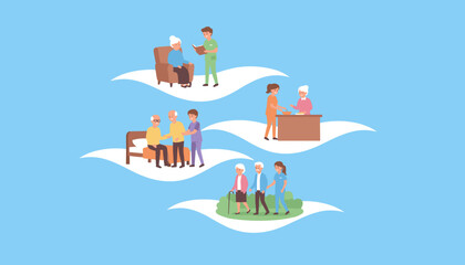 Professional elder care service Nurses assist seniors with reading walking and meals