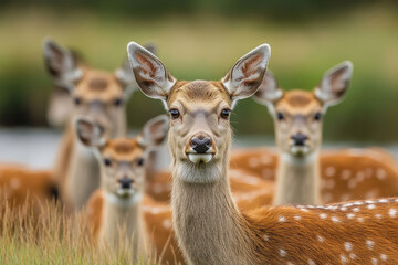 A close-up of a graceful young doe surrounded by other members of the herd.  