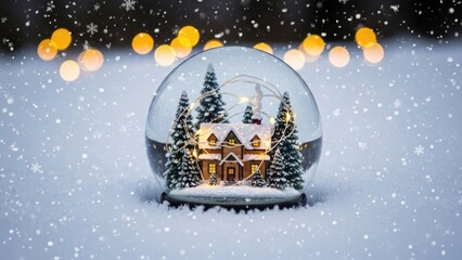 Snow globe with winter cabin and pine trees house