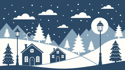 Fototapeta premium Enchanting winter village scene with quaint houses nestled among snow-covered trees and softly falling snow