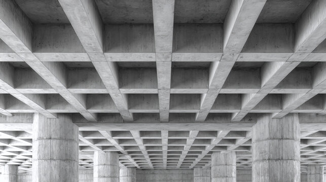 A symmetrical view of a concrete ceiling with a grid-like pattern. The repetitive design creates a sense of order and structure